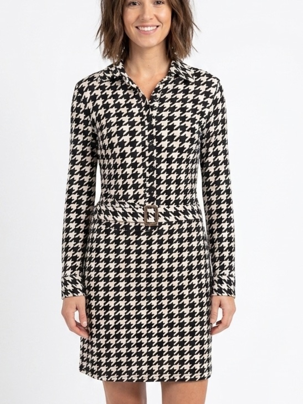 FREDERICKS OF HOLLYWOOD Houndstooth Button Down Shirt Dress Belt Size Medium